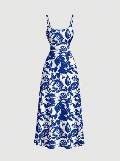 Vintage Casual Long Dress with Ceramic Blue Print