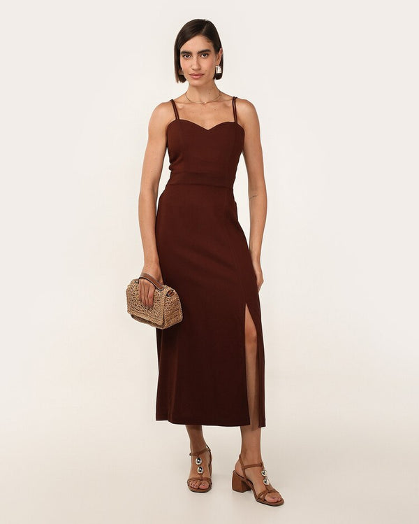 Viscose midi dress with sweetheart neckline - Brown