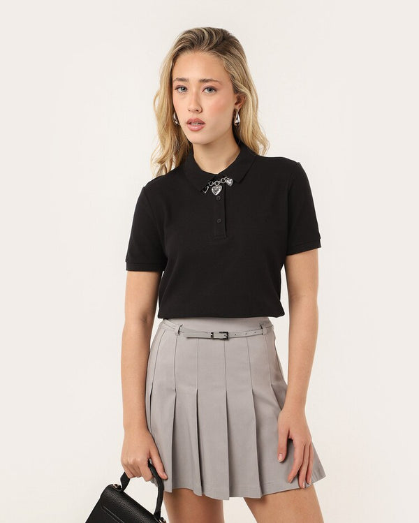 Women's Black Button-Down Polo Shirt | Pool Basics